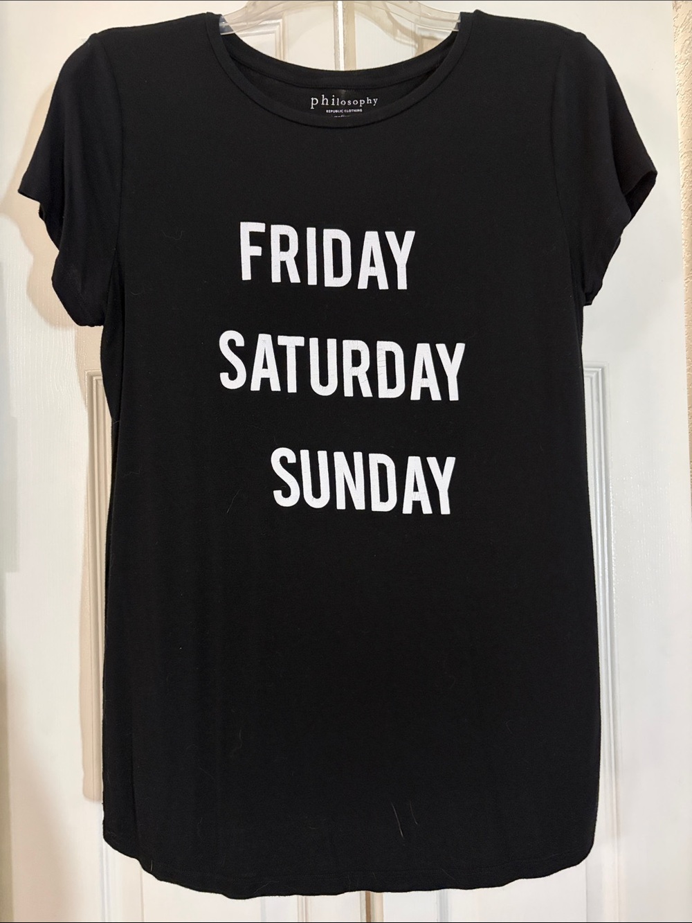 Philosophy Black Tee with White 'FRIDAY SATURDAY SUNDAY' Graphic